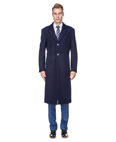 Men's Knee Length Wool Blend Three Button Long Jacket Overcoat Top Coat