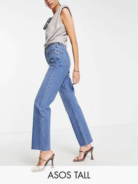 ASOS DESIGN Tall 90's straight jean with raw hem in mid blue