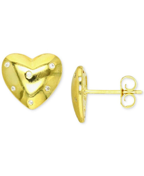 Cubic Zirconia Studded Polished Heart Stud Earrings in 14k Gold-Plated Sterling Silver