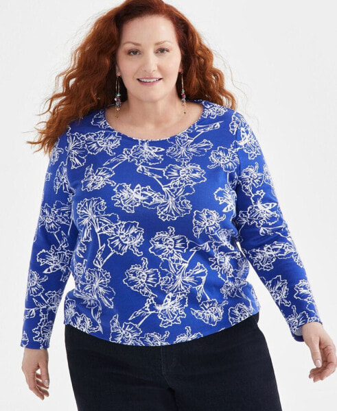 Plus Size Printed Scoop-Neck Long-Sleeve Top, Created for Macy's