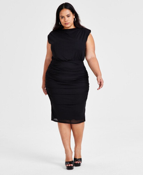 Trendy Plus Size Cap-Sleeve Ruched Mesh Dress, Created for Macy's