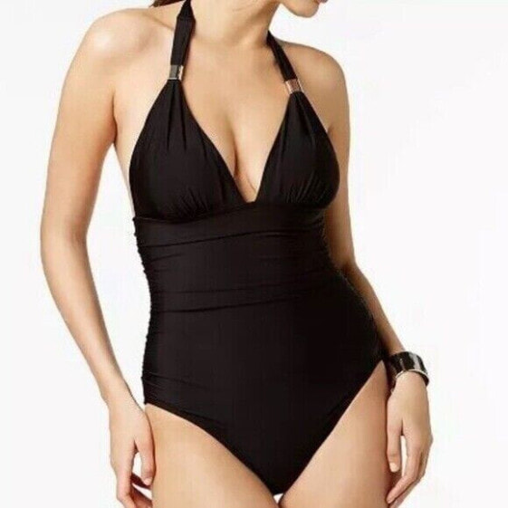 Calvin Klein 259031 Women's Shirred One-Piece Swimsuit Black Size 18
