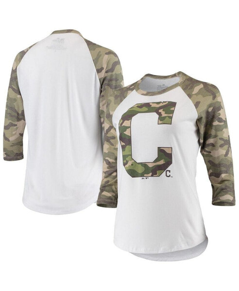 Women's Threads White, Camo Cleveland Guardians Raglan 3/4-Sleeve T-shirt