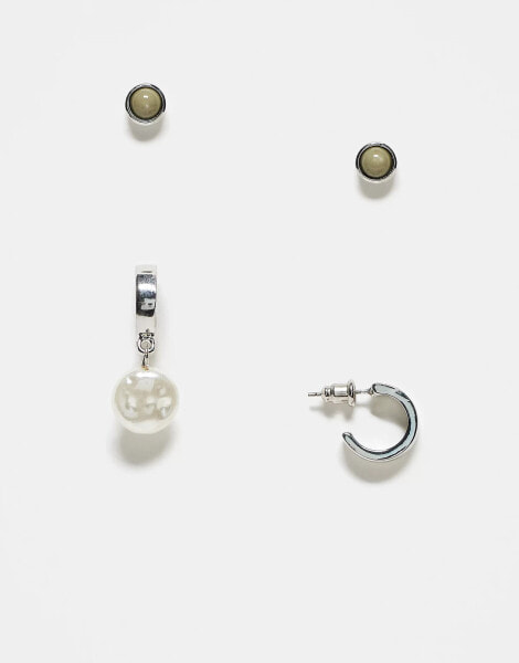 Icon Brand stud and hoop pearl detail earring set in silver