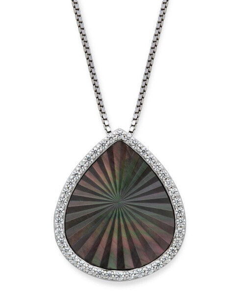 Black Mother of Pearl 15x13mm and Cubic Zirconia Pear Shaped Pendant with 18" Chain in Sterling Silver