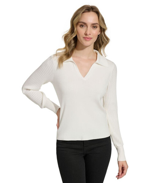 Women's Collared V-Neck Ribbed-Sleeve Sweater