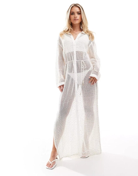 River Island sequin maxi shirt beach dress in white