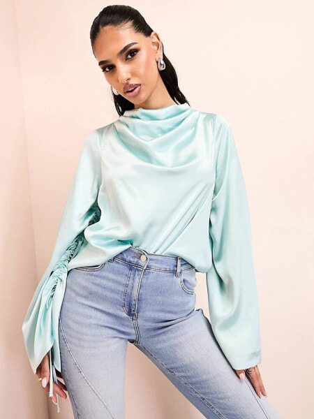 ASOS LUXE exaggerated satin drape top in blue