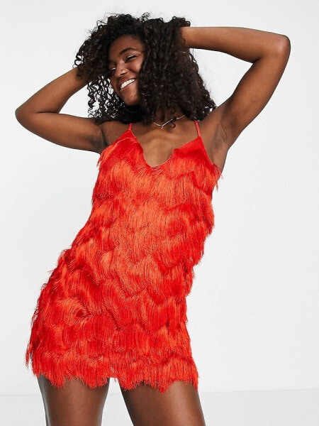 Miss Selfridge ombre fringe dress in red 