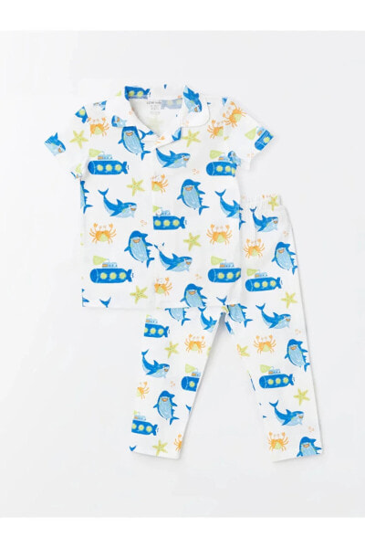 Polo Yaka Kısa Kollu Baskılı Erkek Bebek Pijama Takımı