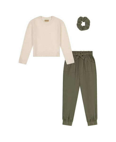 Little, Big Girls 3 Piece Outfit Set with Long Sleeve Sweater, Paperbag Jogger Pants, and Bonus Scrunchie