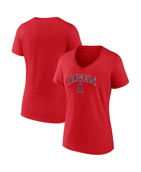 Women's Red Los Angeles Angels Team Lockup V-Neck T-shirt