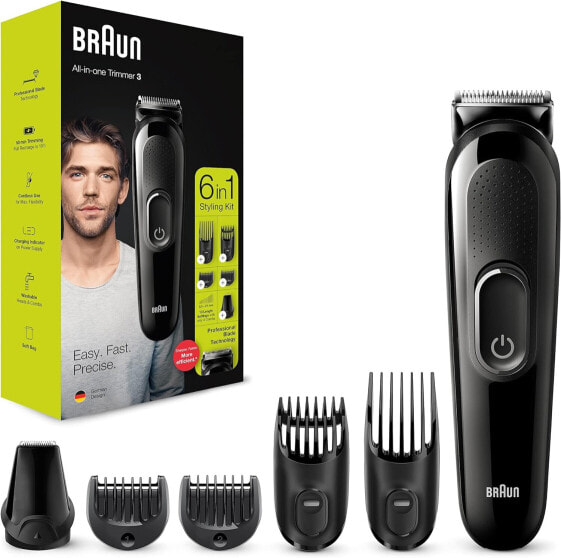 Braun MGK3235 6 in 1 Beard Trimmer with Hair and Nose Trimmer for Beard, Face and Hair Trimmer with Lifetime Sharp Blades, 5 Attachments, Gifts for Men, MGK3235, Black Razor