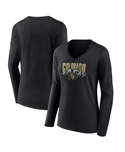 Women's Black Distressed Colorado Buffaloes Rocky Mountains Long Sleeve V-Neck T-shirt