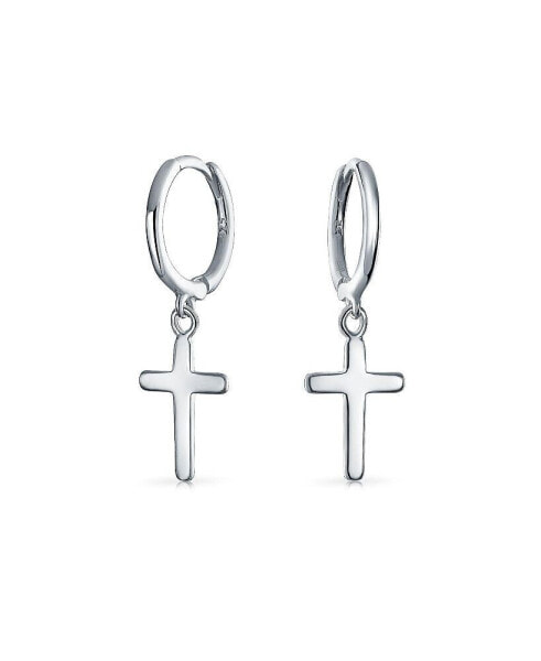 Small Plain Delicate Religious Dangling Charm Cross Hoop Kpop Huggie Earrings For Women Men Teen.925 Sterling Silver