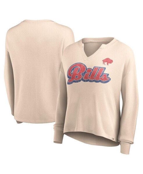 Women's Tan Distressed Buffalo Bills Go For It Notch Neck Waffle Knit Lightweight Long Sleeve T-shirt