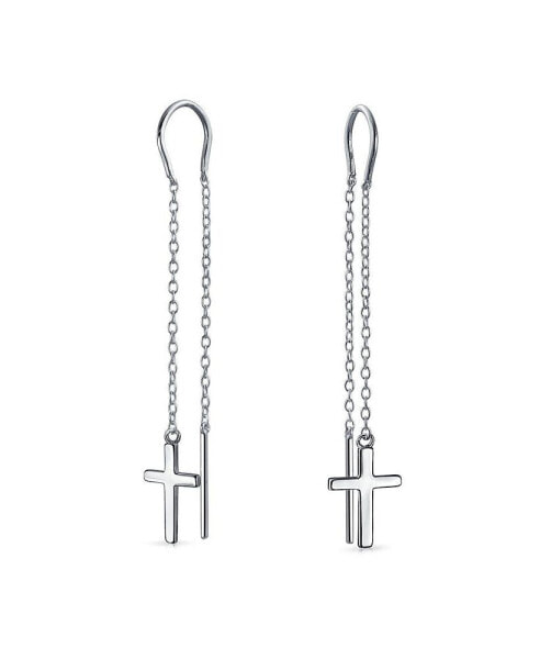 Minimalist Light Weight Linear Long Religious Chain Dangle Spiritual Religious Cross Threader Earrings Sterling Silver Stabilizing U Wire Hook SM