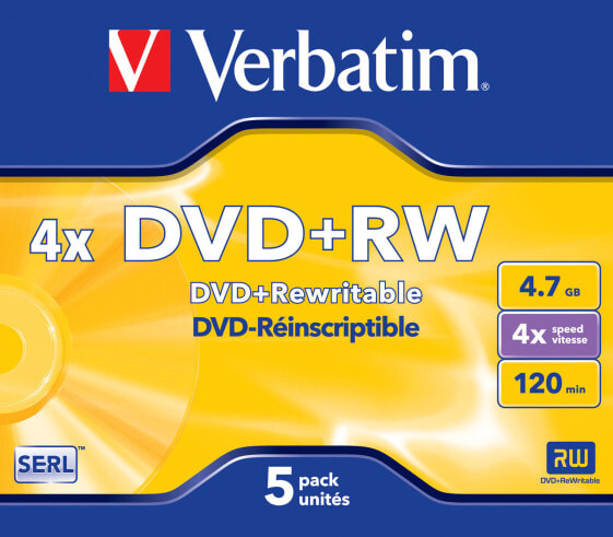 Verbatim VB-DPW44JC, DVD+RW, 120 mm, Jewel case, 5 pc(s), 4.7 GB