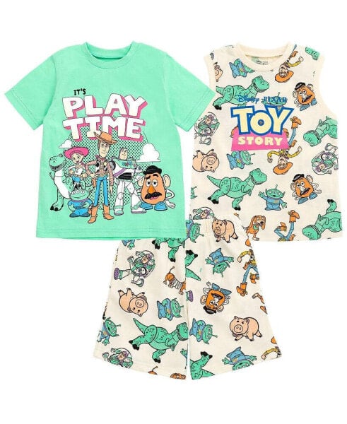 Boys Lion King Toy Story Mickey Mouse Cars T-Shirt Tank Top and French Terry Shorts 3 Piece Outfit Set to