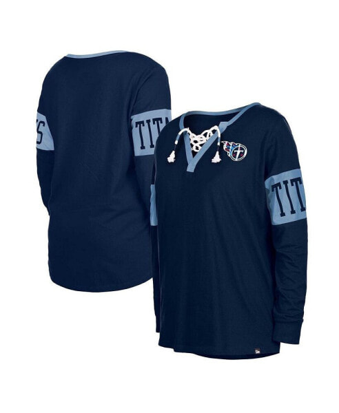 Women's Navy Tennessee Titans Lace-Up Notch Neck Long Sleeve T-shirt