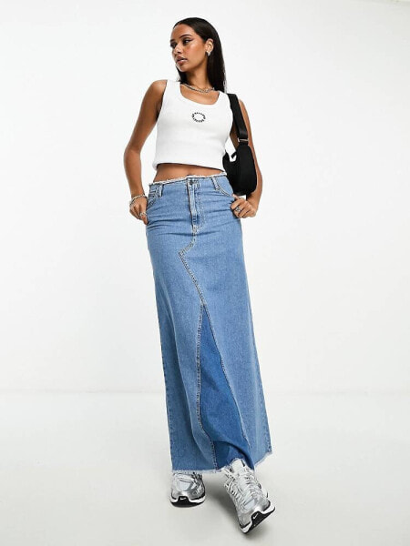 ASOS Weekend Collective low rise denim midi skirt in mid wash