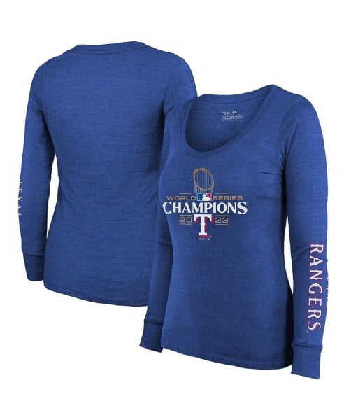 Women's Threads Royal Texas Rangers 2023 World Series Champions Tri-Blend Long Sleeve Scoop Neck T-shirt