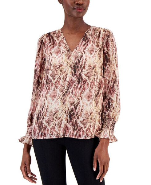 Women's Printed V-Neck Smocked Cuff Top