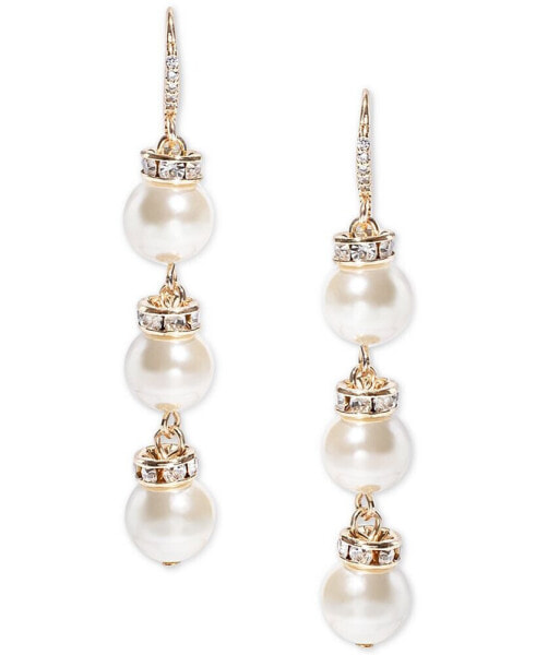 Gold-Tone Pavé Rondelle Bead & Imitation Pearl Triple Drop Earrings, Created for Macy's