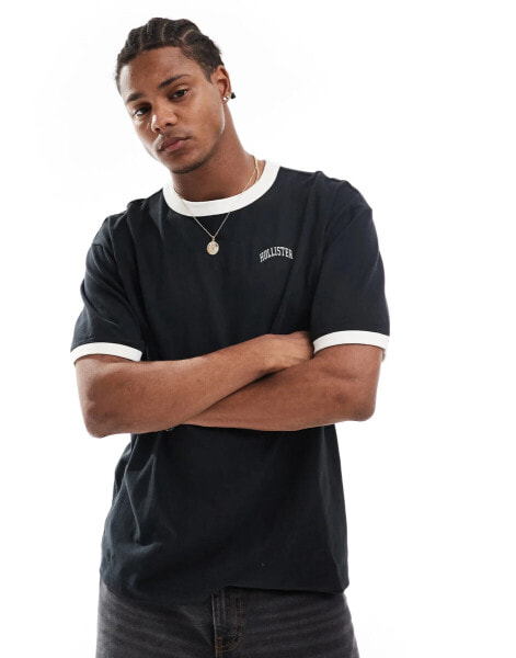 Hollister varsity logo heavyweight boxy fit ringer t-shirt in black/cream