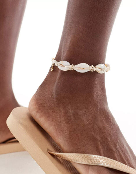 ASOS DESIGN anklet with faux shell and gold bead design