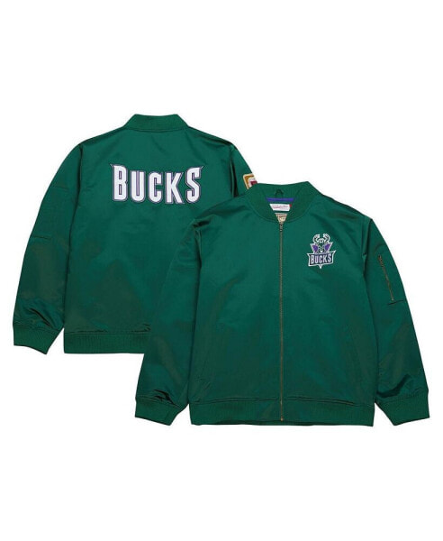 Men's Green Distressed Milwaukee Bucks Hardwood Classics Vintage-Like Logo Full-Zip Bomber Jacket