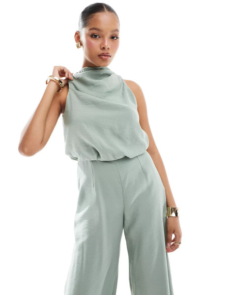 ASOS DESIGN high neck wide leg jumpsuit in sage green