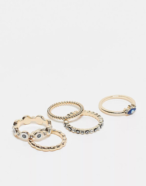 ASOS DESIGN Curve pack of 5 rings with mixed eye design in gold tone