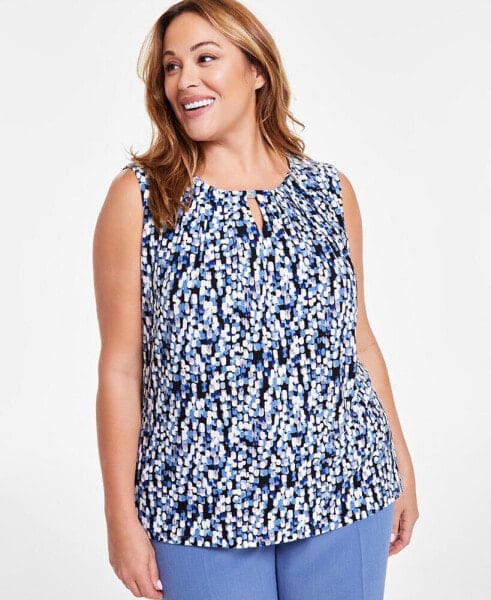 Plus Size Printed Pleat-Neck Keyhole Sleeveless Blouse