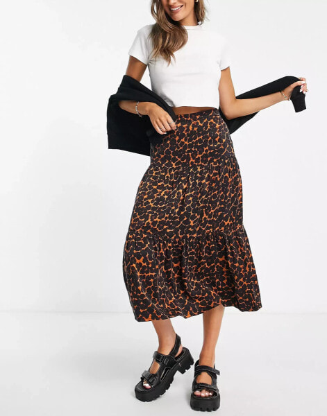 Whistles tiered midi skirt in smudged animal print