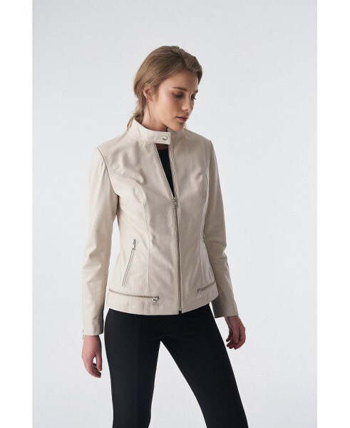 Women's Zipper Hem Detail Leather Jacket, Beige