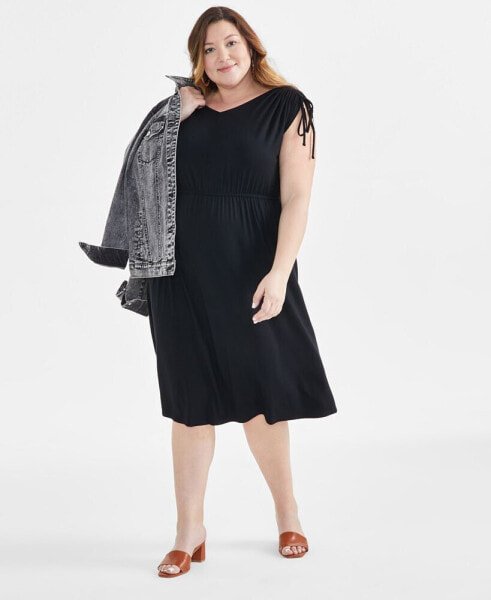 Plus Size V-Neck Shirred-Sleeve Dress, Created for Macy's