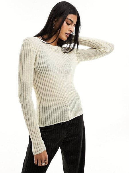 Pieces lightweight knitted top with lettuce edging in cream