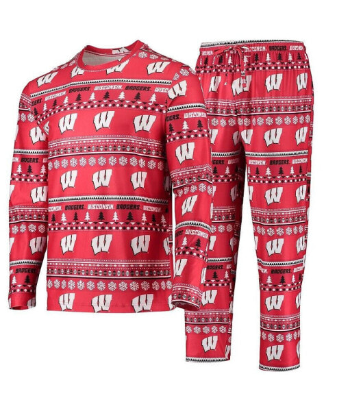 Men's Red Wisconsin Badgers Ugly Sweater Long Sleeve T-shirt and Pants Sleep Set