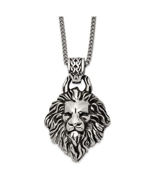 Antiqued Large Lion's Head Swirl Design Pendant Curb Chain Necklace