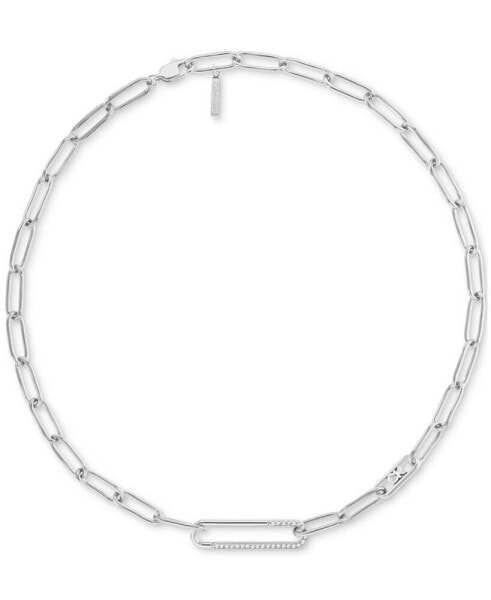 Stainless Steel Pavé & Logo Link Collar Necklace, 16" + 2" extender