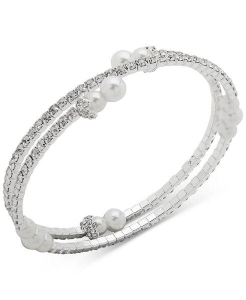 Silver-Tone Imitation Pearl & Crystal Coil Bracelet