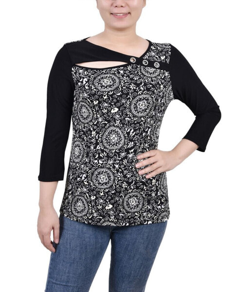 Petite 3/4 Sleeve Puff Print Cutout Top