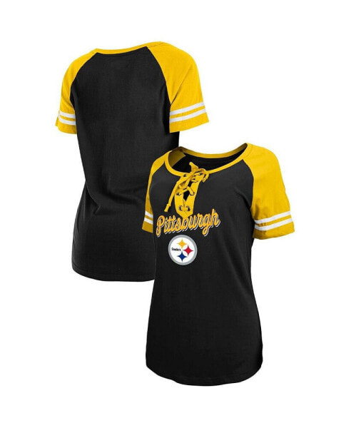 Women's Black, Gold Pittsburgh Steelers Logo Lace-Up Raglan T-shirt