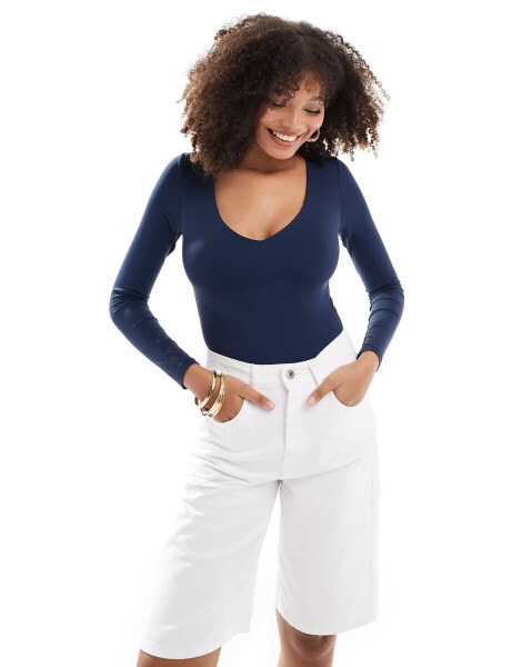 Pimkie v neck long sleeve body in dark blue