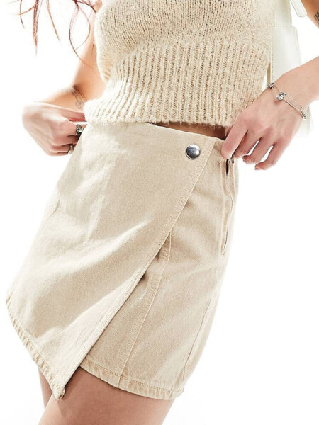 Stradivarius denim wrap skort in stone 