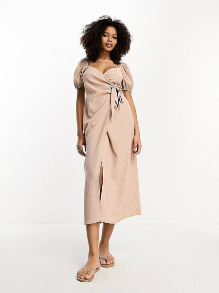 ASOS DESIGN textured puff sleeve wrap dress with side tie in mink