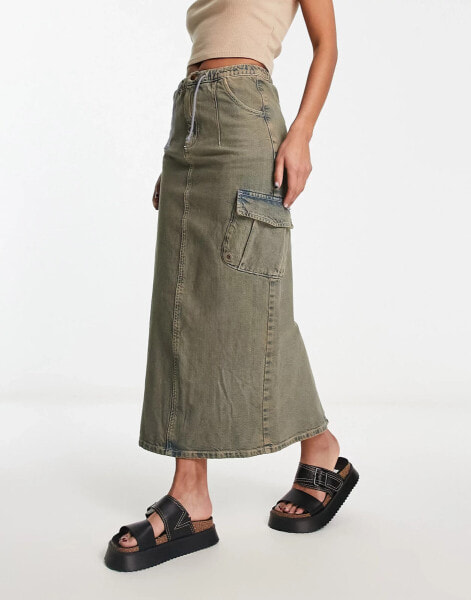 Reclaimed Vintage denim maxi cargo skirt in y2k blue wash