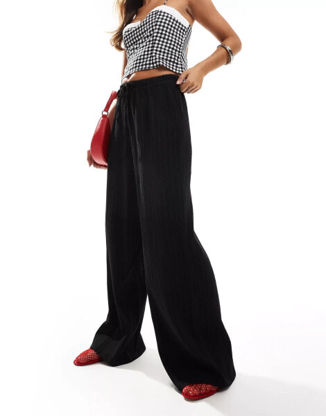 Vila textured wide leg tie waist trousers in black