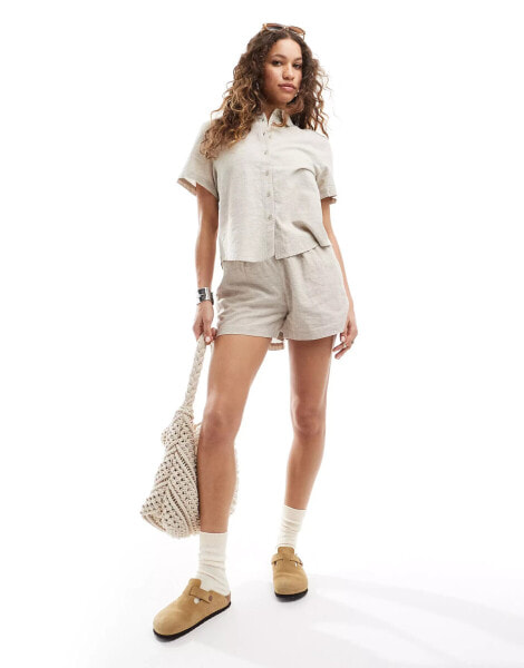 Monki co-ord drawstring waist linen shorts in beige